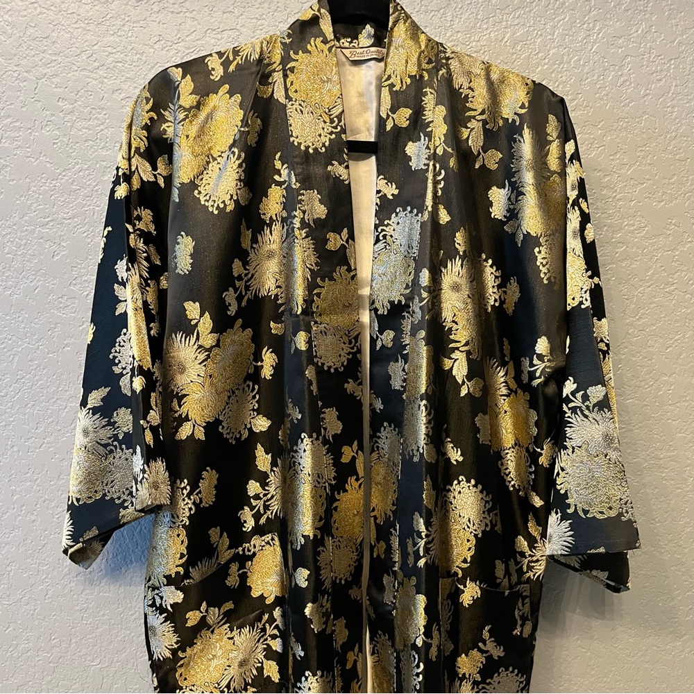 Vintage Japanese Haori Black Satin Kimono Metallic Gold Floral Best Quality